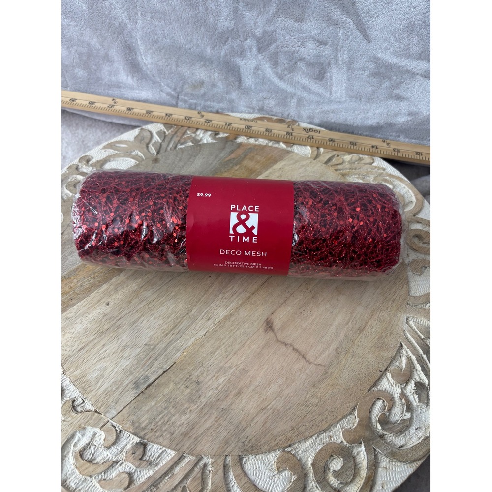 Place & Time Red Glitter Deco Mesh 10 in x 18 ft Holiday Craft Ribbon 1969-6566